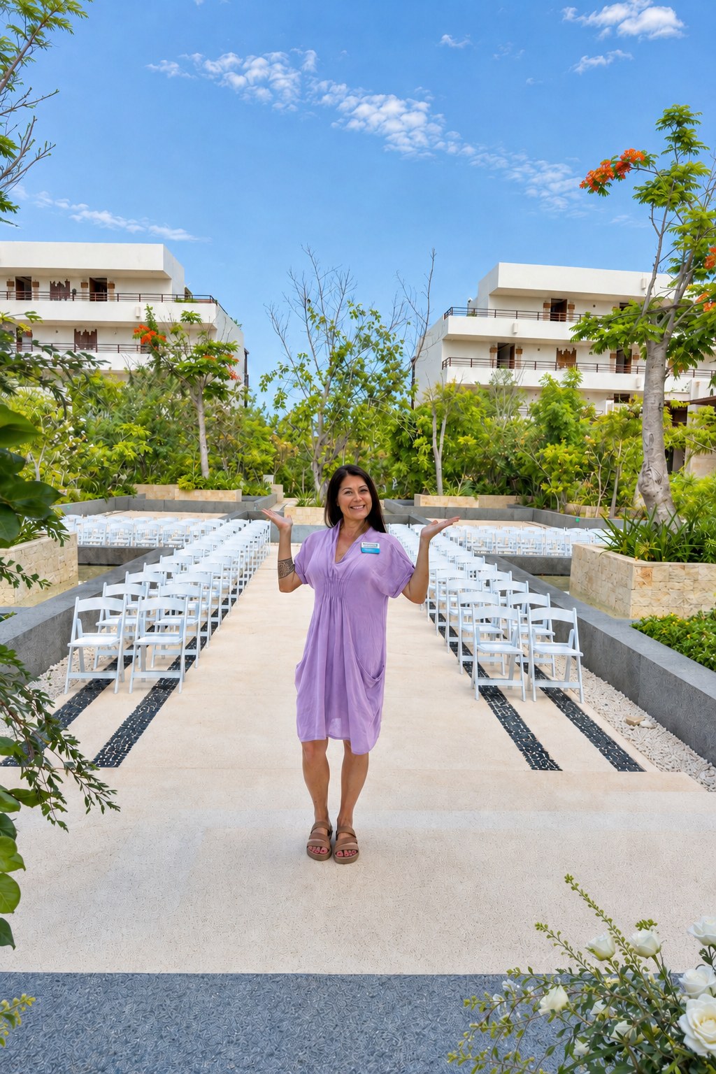 Shanna Fowler in a lavender dress with arms raised, wearing a resort name badge and standing in the aisle between rows of white ceremony chairs at Atelier Playa Mujeres.