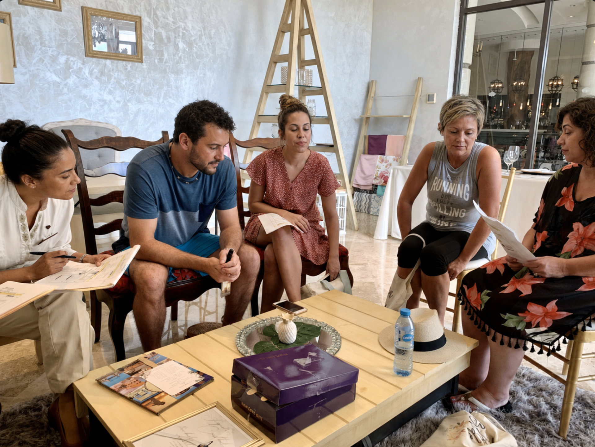 Couple sitting down with their destination wedding planner at a resort to review plans.