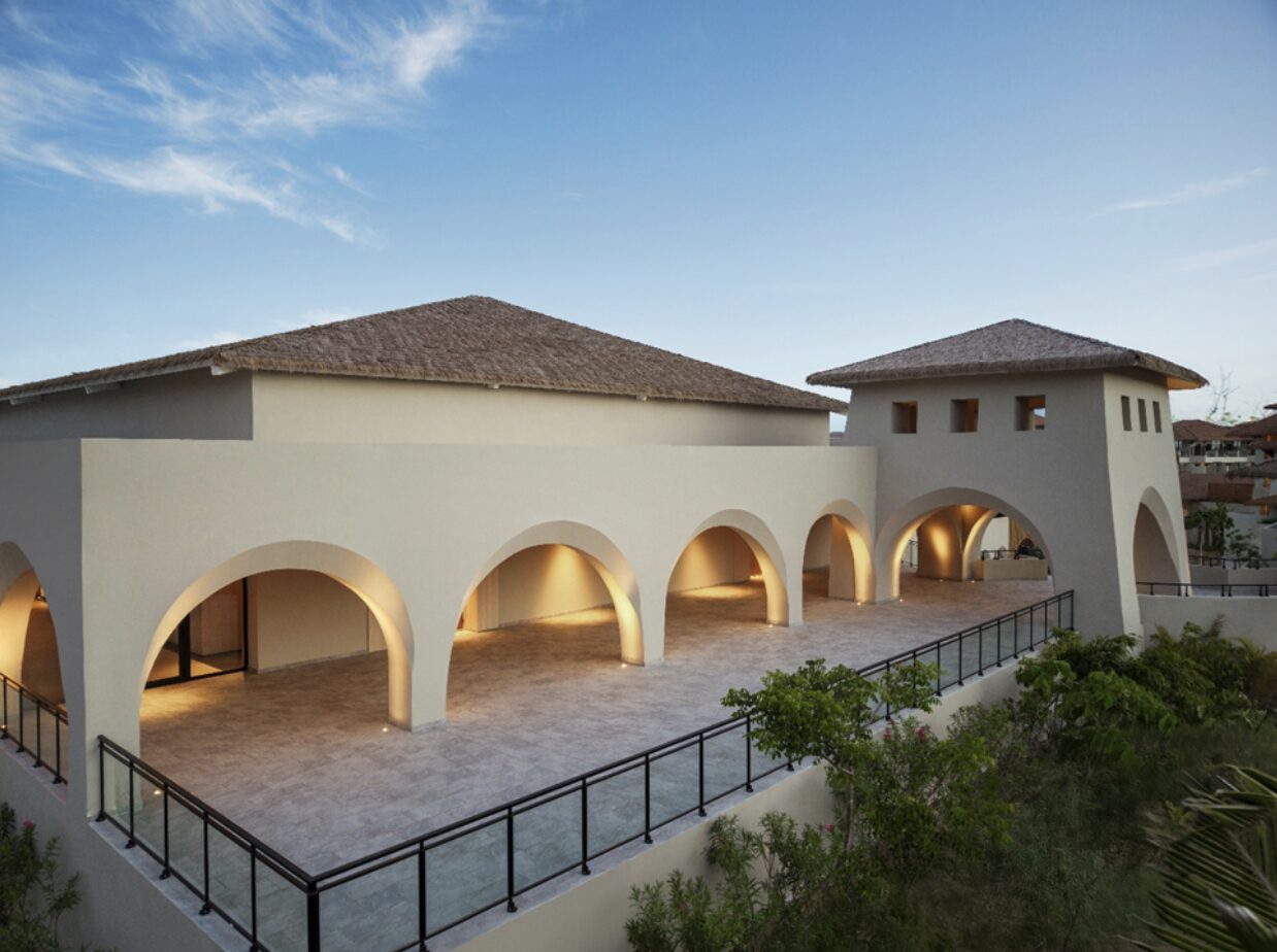 Covered arched ballroom terrace at Secrets & Dreams Playa Esmeralda with open-air event space and ramp access