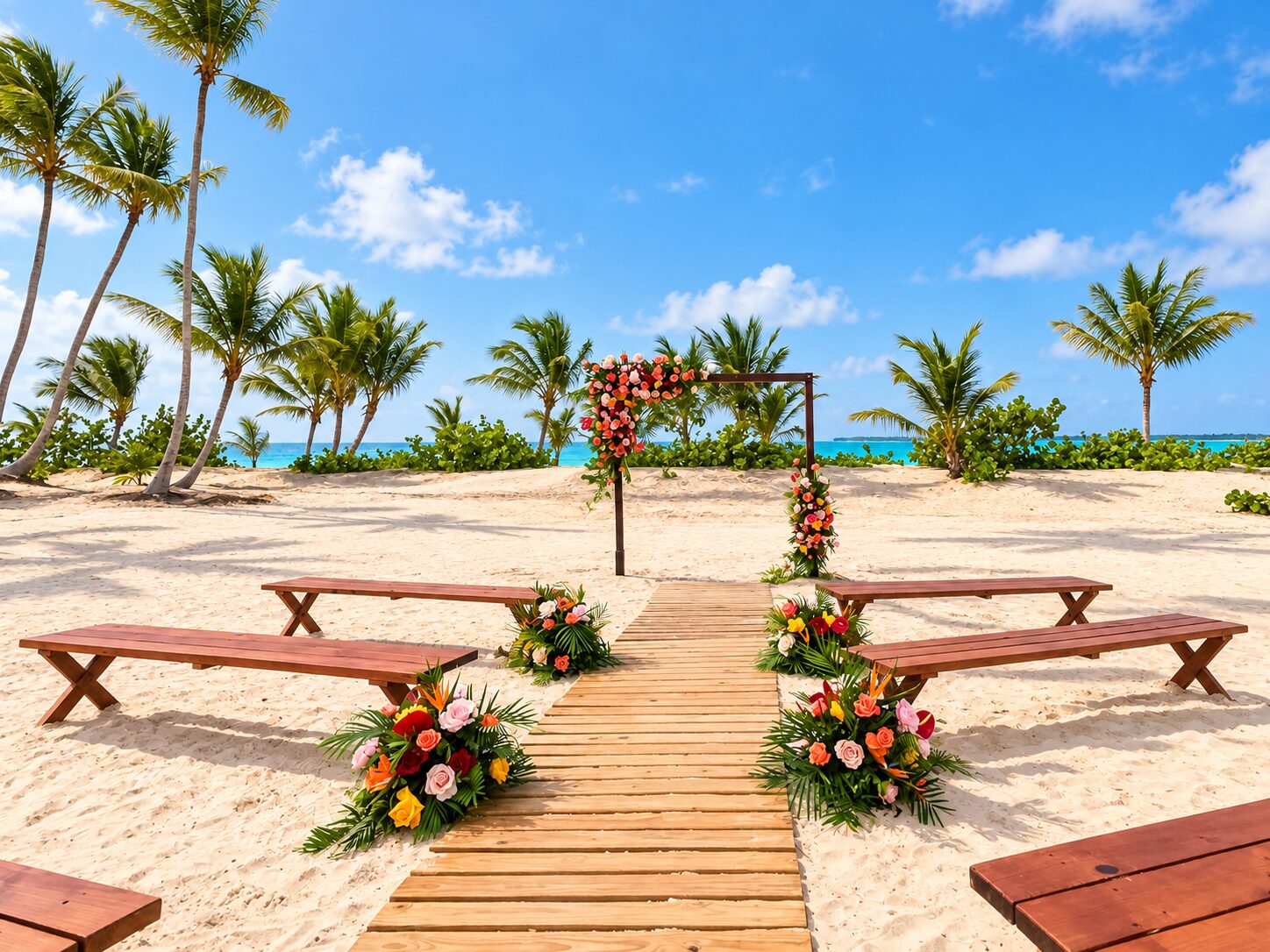 Secrets Playa Esmeralda main beach wedding ceremony setup with wooden benches, floral arch, palms, and ocean view