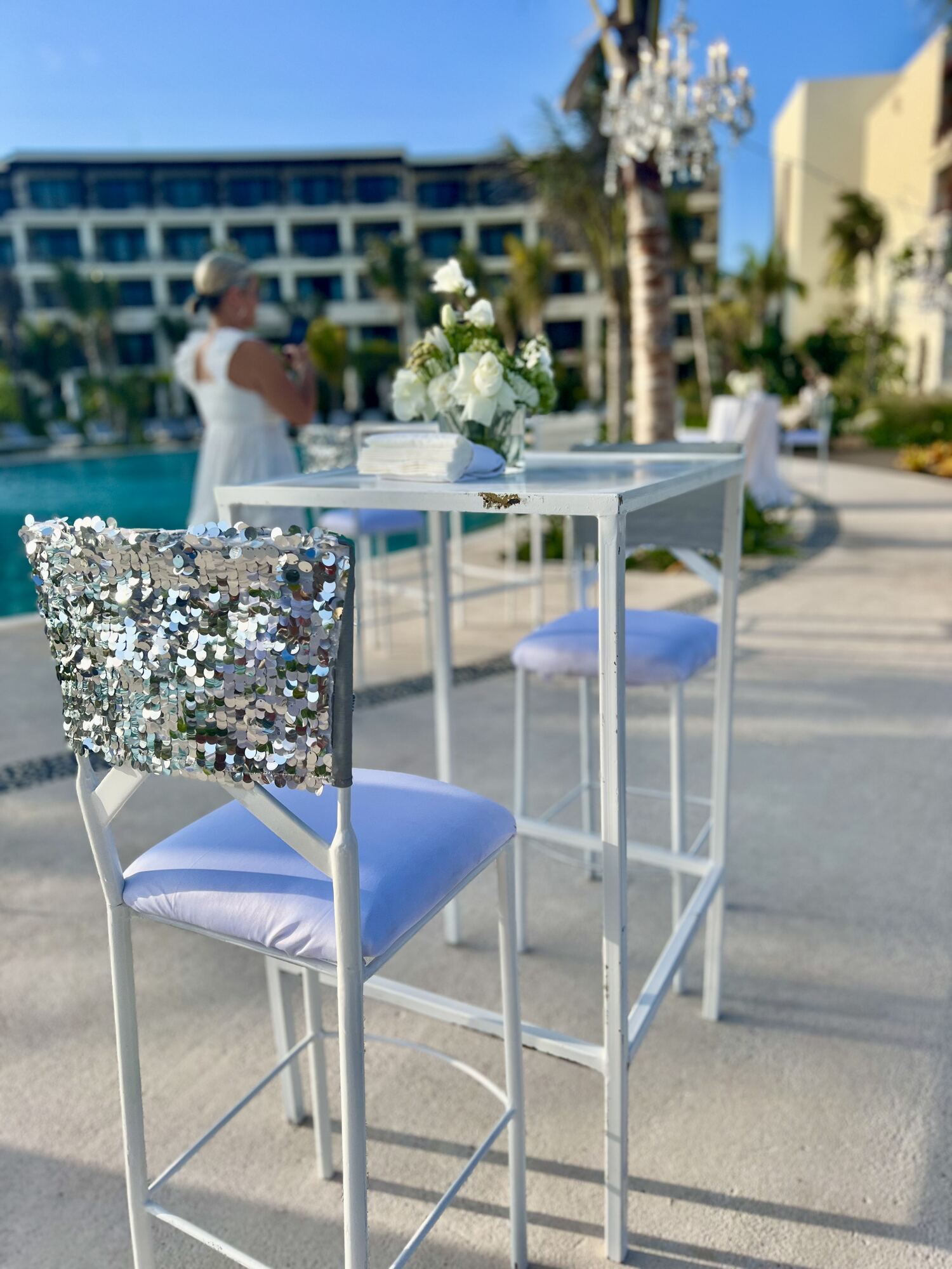 Private fountain terrace at a destination wedding venue set for one couple — the kind of exclusive, one-wedding-a-day arrangement that only shows up in your contract if you ask about it specifically at the booking stage