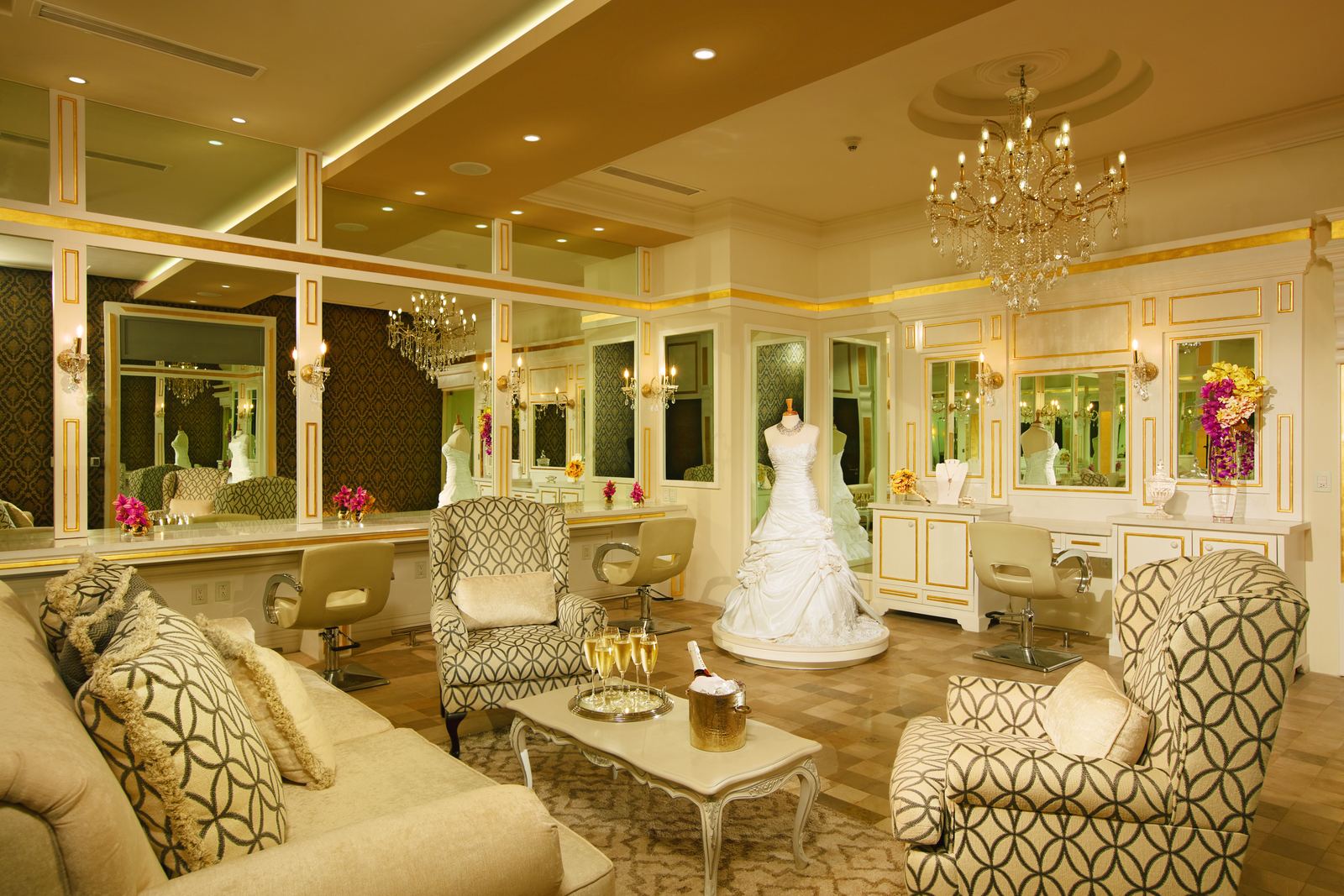 Spa bridal suite with wedding dress display and lounge seating at a resort