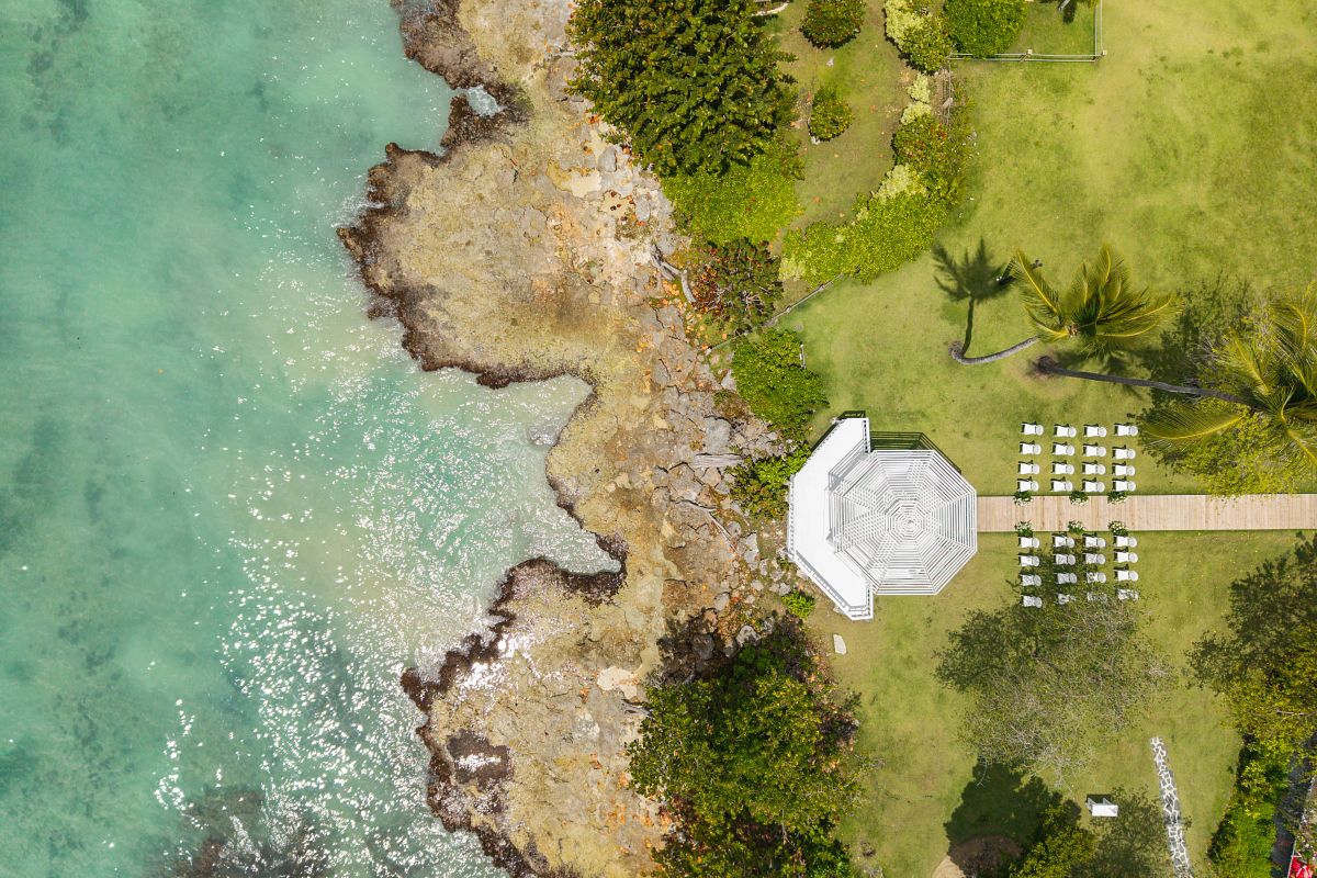 Aerial view of an oceanfront wedding gazebo
