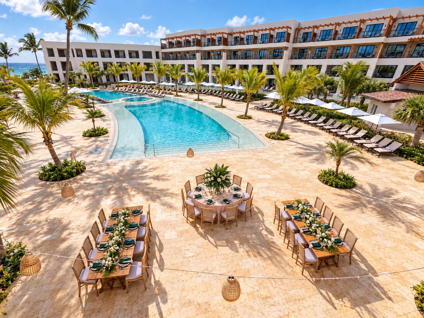 Secrets Playa Esmeralda pool terrace reception setup with long tables, round tables, palm trees, and resort pool