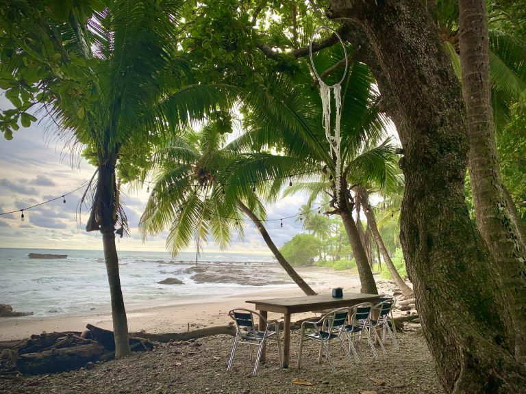 Rustic outdoor dining table set beneath palm trees overlooking a quiet Costa Rica beach