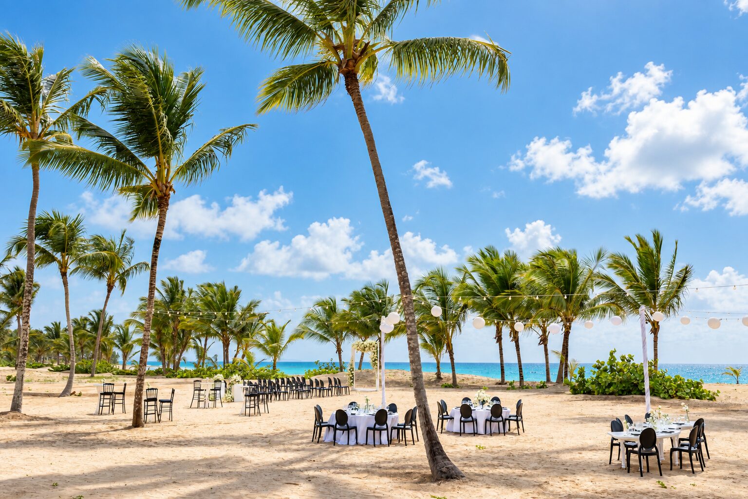 Wide beachfront wedding setup at Dreams Playa Esmeralda with palm trees and ocean behind the ceremony chairs