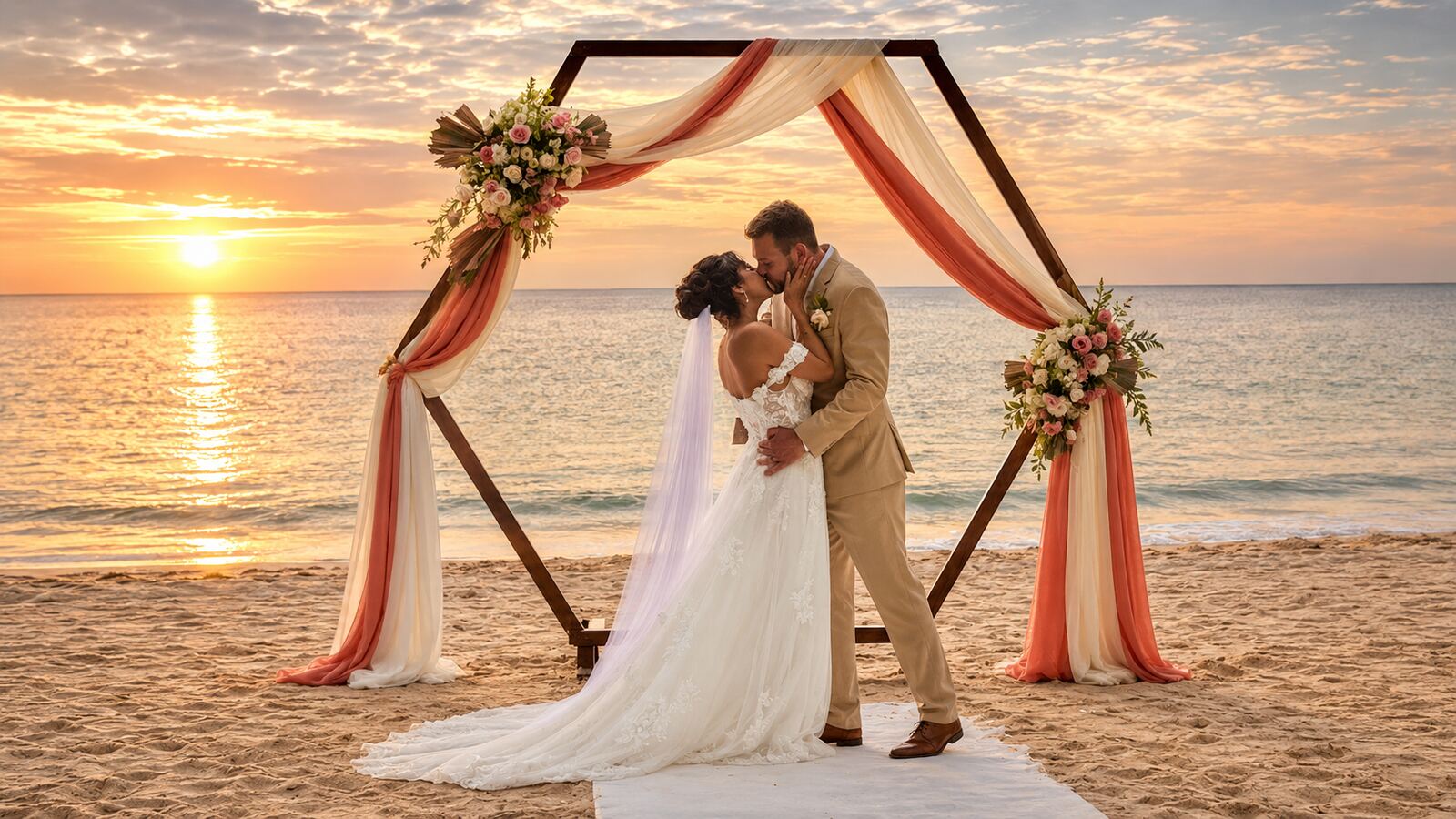 Bride and groom sharing a kiss under a floral beach ceremony arch at sunset in Costa Rica
