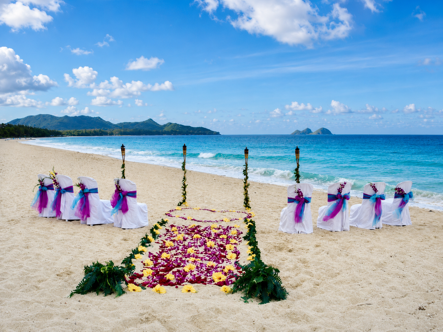 Beach wedding ceremony setup in Oahu, Hawaii, with a flower-petal aisle and floral decor
