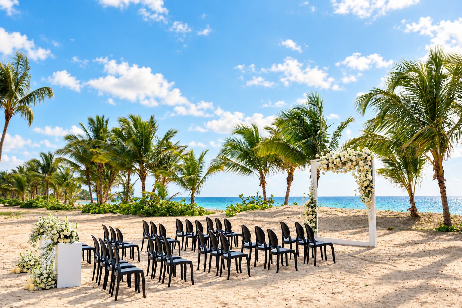 Beach ceremony setup at Dreams Playa Esmeralda with black chairs, white floral arch, palms, and ocean behind it