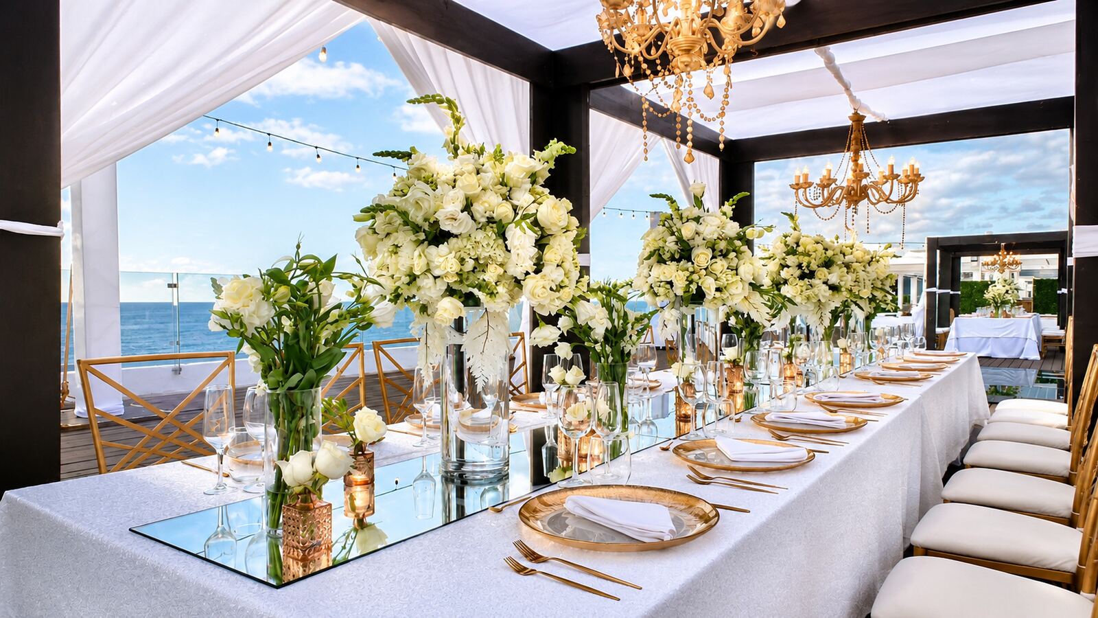 Elegant white and gold rooftop wedding reception table overlooking the ocean in Costa Rica