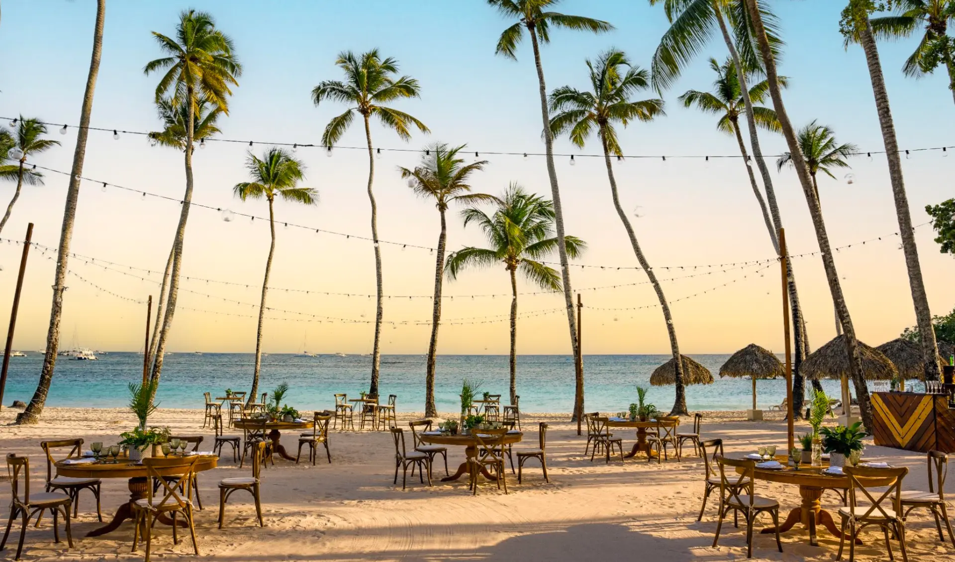 Beachfront wedding reception seating with round wooden tables under tall palm trees and string lights at dusk
