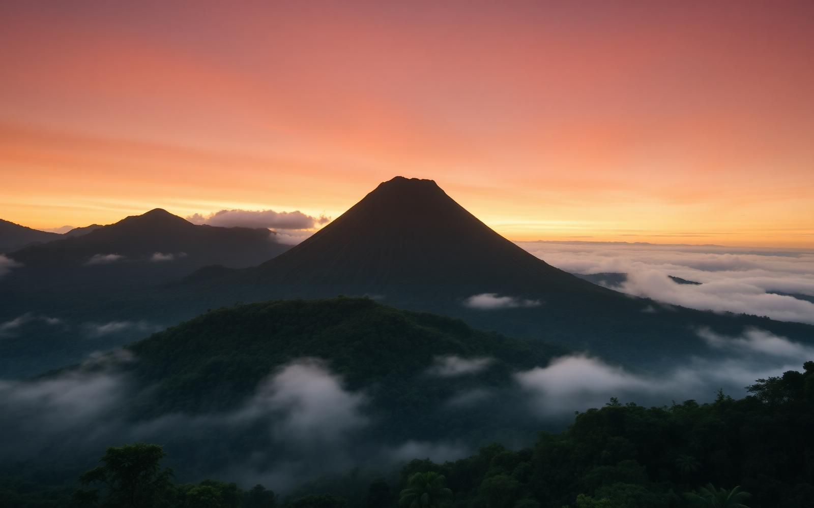 Arenal Volcano rising above misty rainforest at sunrise in La Fortuna, Costa Rica