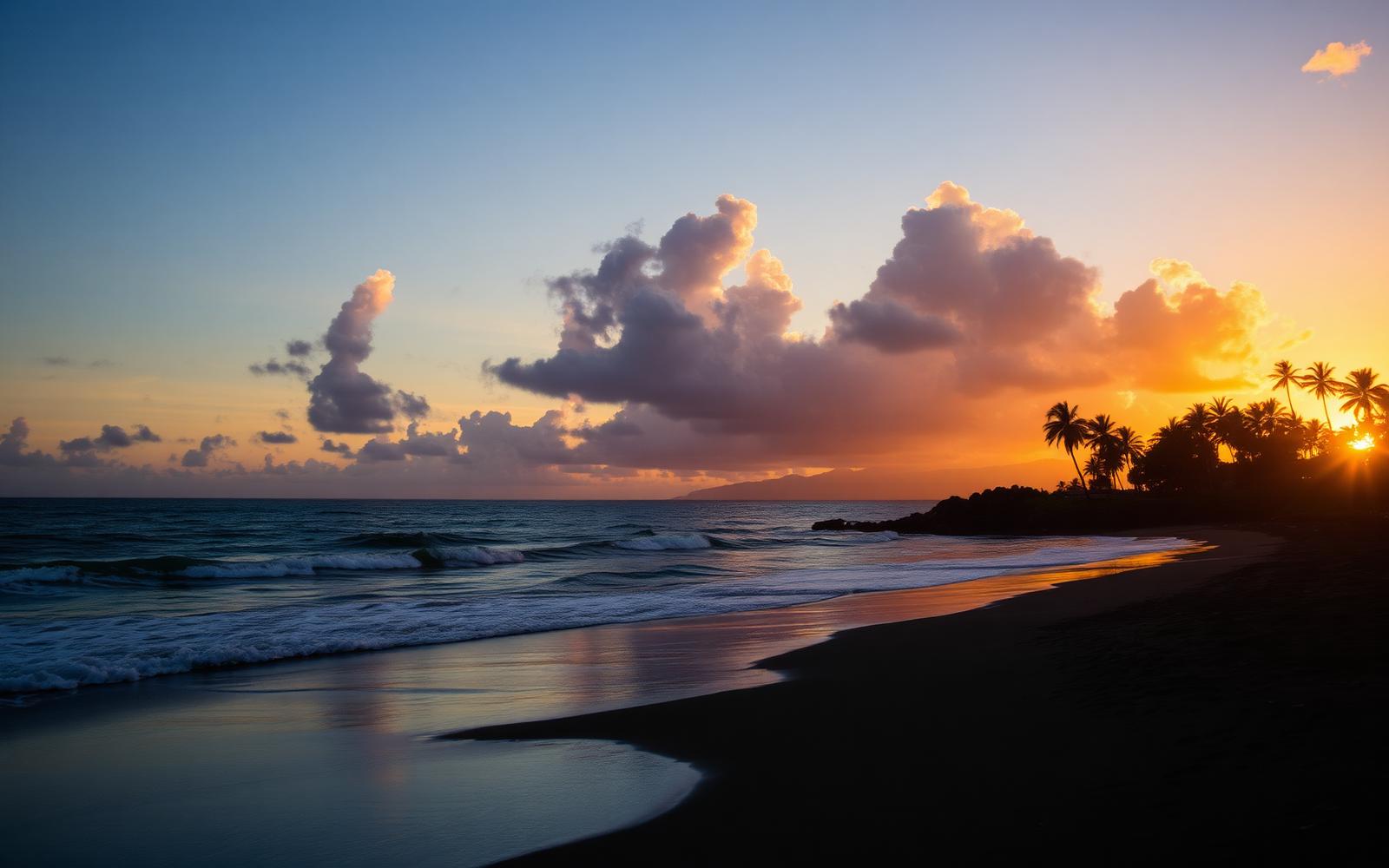Pacific sunset on a Guanacaste beach with silhouetted palms and warm golden light