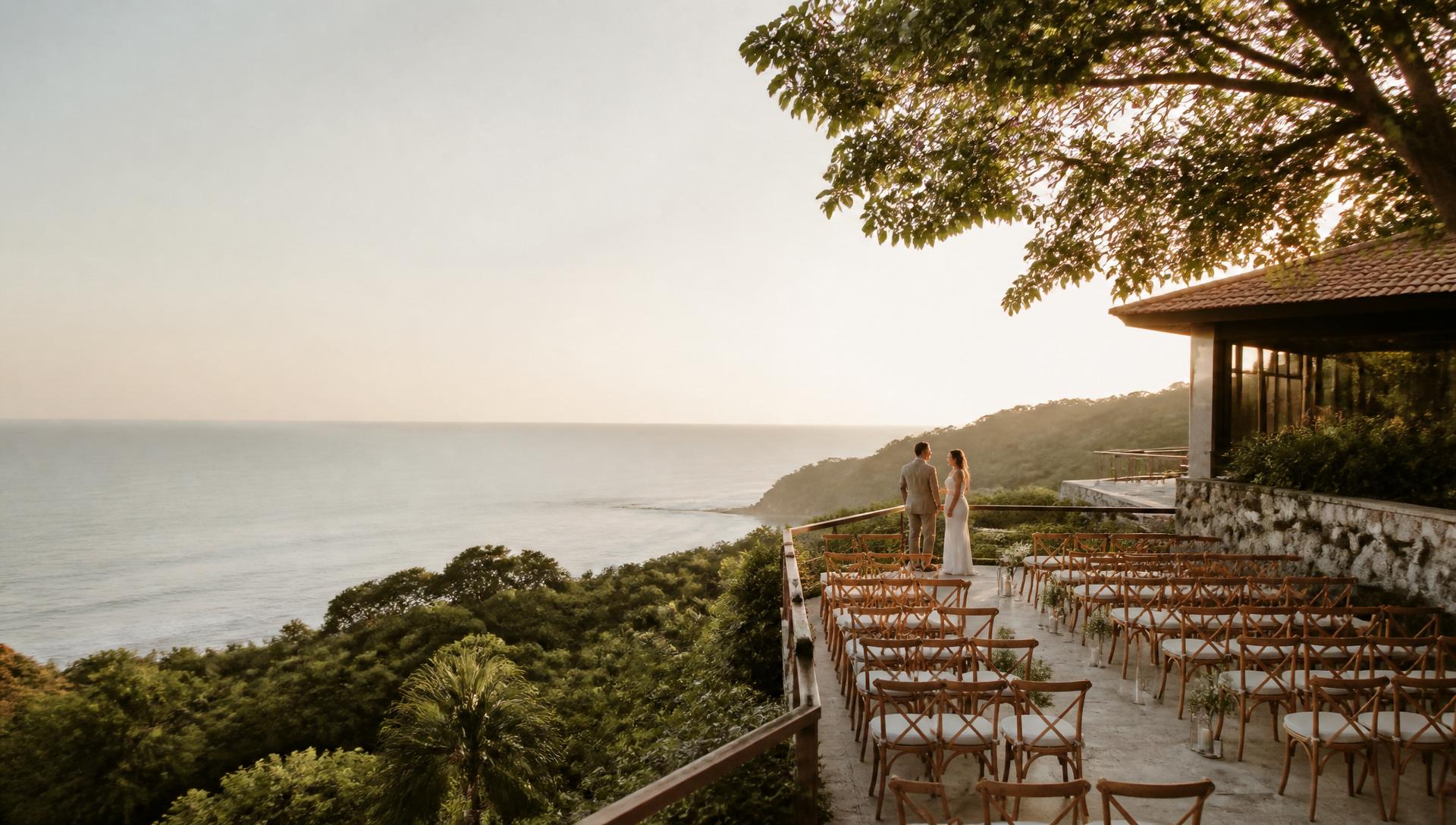 Boutique Costa Rica resort terrace overlooking the Pacific coastline with lush tropical scenery at golden hour