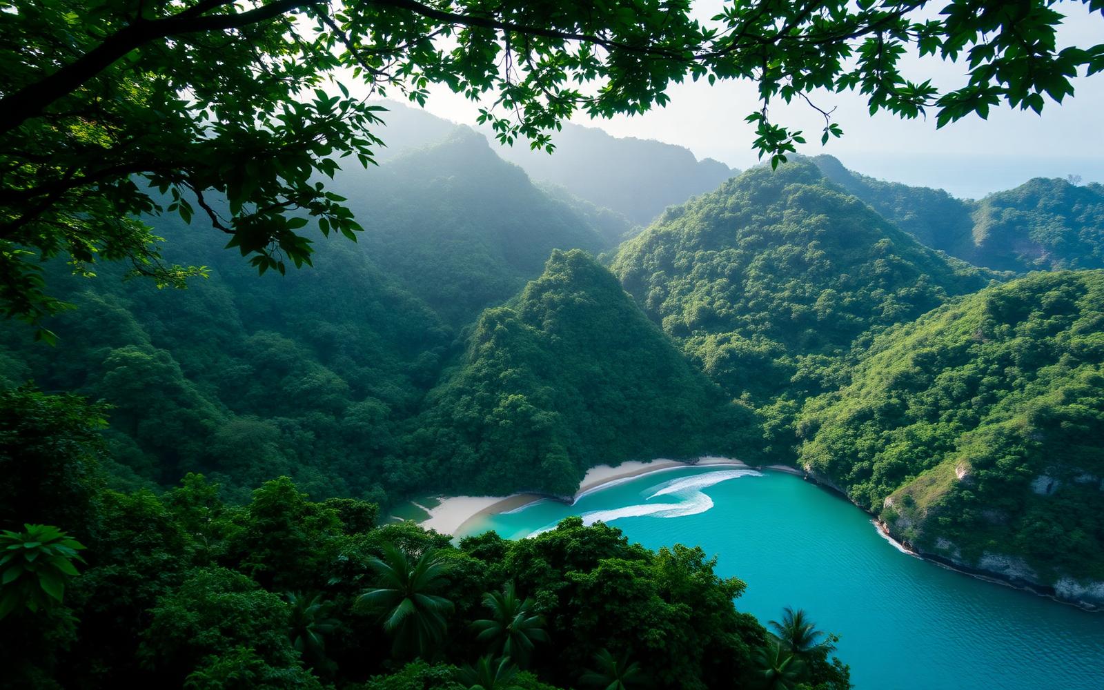 Aerial view of a small crescent beach framed by dense rainforest hillsides in Manuel Antonio