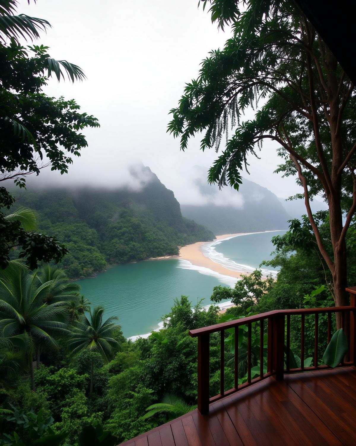 Costa Rica jungle resort deck overlooking Pacific coast rainforest and beach