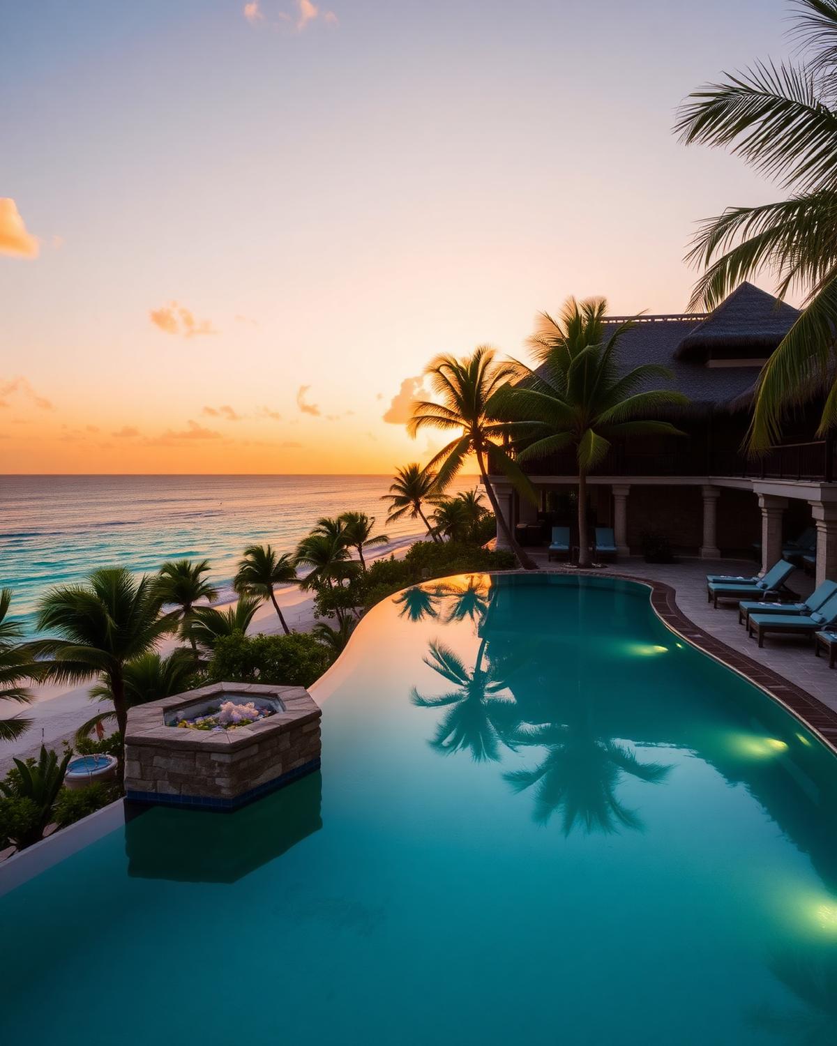 Luxury all-inclusive resort in Mexico at sunset with infinity pool overlooking the Caribbean
