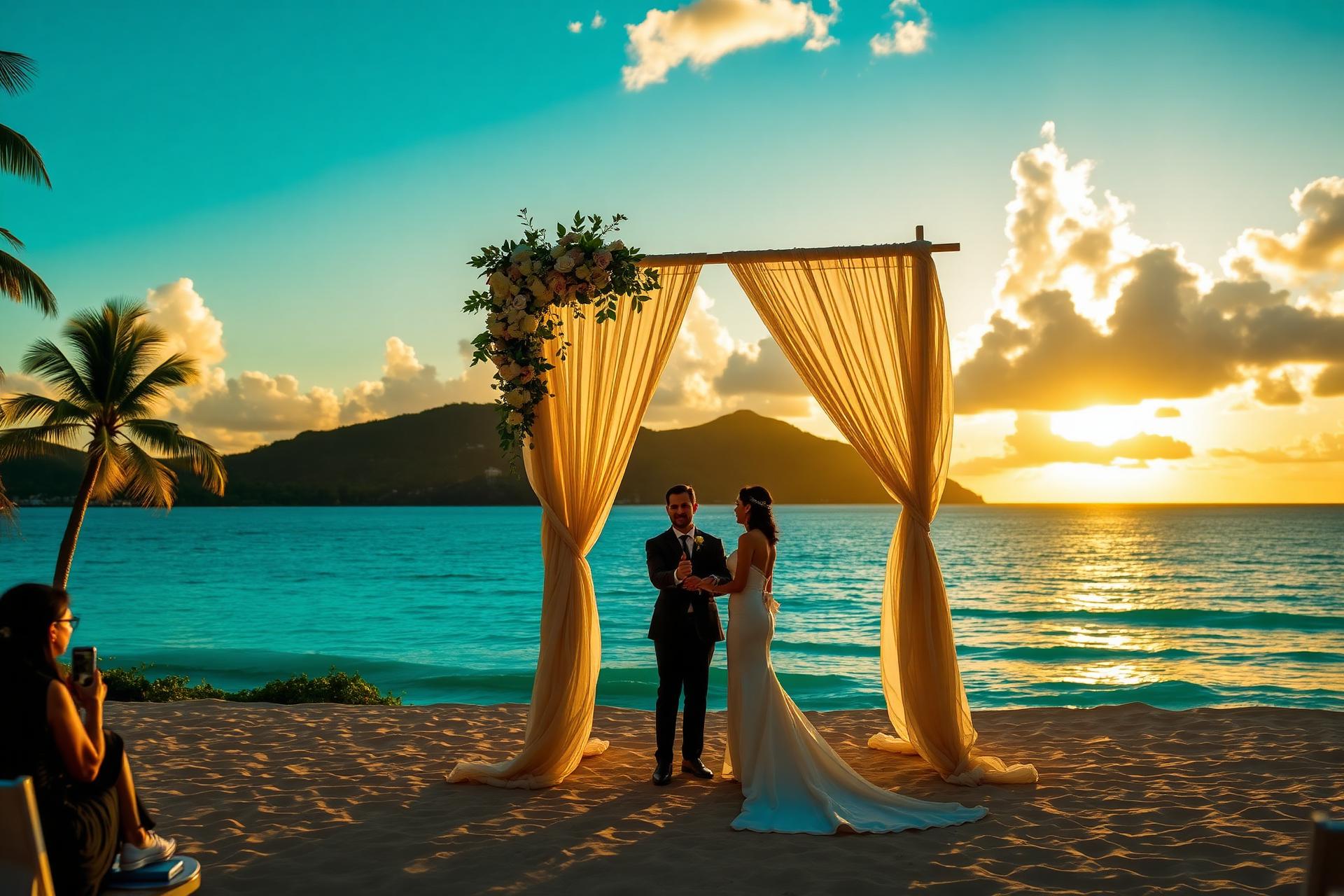 Palm-lined Jamaica coastline with turquoise Caribbean water at golden hour